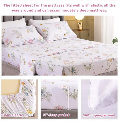 QSH 100% Egyptian Cotton Sheets Full Size Set, Flower Butterfly Plant Pattern Botanical Luxury Cotton Printed Bedding Floral Full Bed Sheets Extra Soft and Breathable 4pcs Deep Pockets Sheets - LeafyLoom