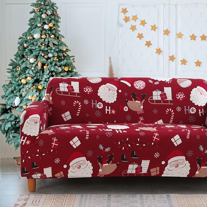 Mybedsoul Christmas Sofa Cover Santa Claus Printed Sofa Couch Cover Washable Furniture Protector with Elastic Bottom Xmas Home Room Festival Decoration(3 Seater) Mybedsoul