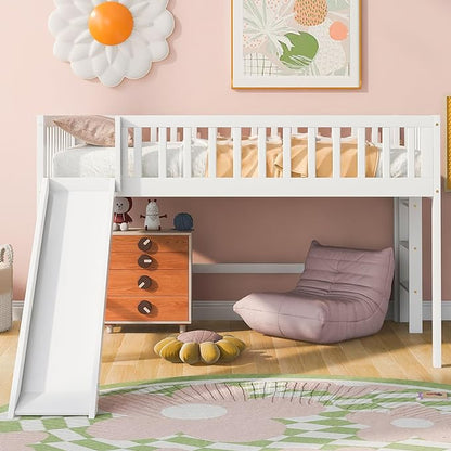 Merax Full Size Junior Wood Loft Bed with Slide Loft Bunk Bed for Girls Boys,Easy Assemble,White - LeafyLoom