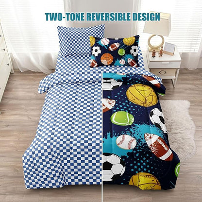 Kids Boys Comforter Set Twin Bed in a Bag w/Sheet Sets, Blue Twin Bedding Sets for Teens Soccer Basketball Baseball Football Sports Themed Bedroom Decor Reversible Design - LeafyLoom