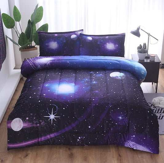 Wowelife Galaxy Comforter Set Full 5 Pieces Galaxy Bedding Set Blue 3D Galaxy Kids Bedding Set Bed in a Bag for Boys and Girls with Comforter, Flat Sheet, Fitted Sheet and 2 Pillowcases - LeafyLoom