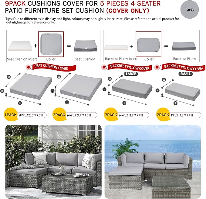 ClawsCover 9Pack Outdoor Seat and Back Cushion Replacement Covers Fit for 5 Pieces 4-Seater Wicker Rattan Furniture Patio Conversation Set Sectional Couch,Gray-Include Cover Only (Small) - LeafyLoom