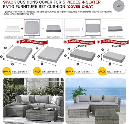 ClawsCover 9Pack Outdoor Seat and Back Cushion Replacement Covers Fit for 5 Pieces 4-Seater Wicker Rattan Furniture Patio Conversation Set Sectional Couch,Gray-Include Cover Only (Small) - LeafyLoom