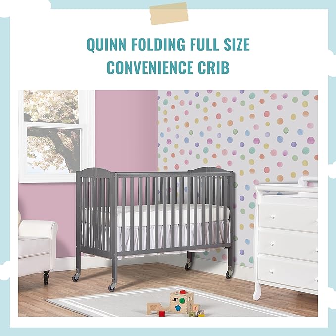 Folding Full Size Convenience Crib In Storm Grey, Two Adjustable Mattress Height Positions, Comes With Heavy Duty Locking Wheels, Flat Folding - LeafyLoom