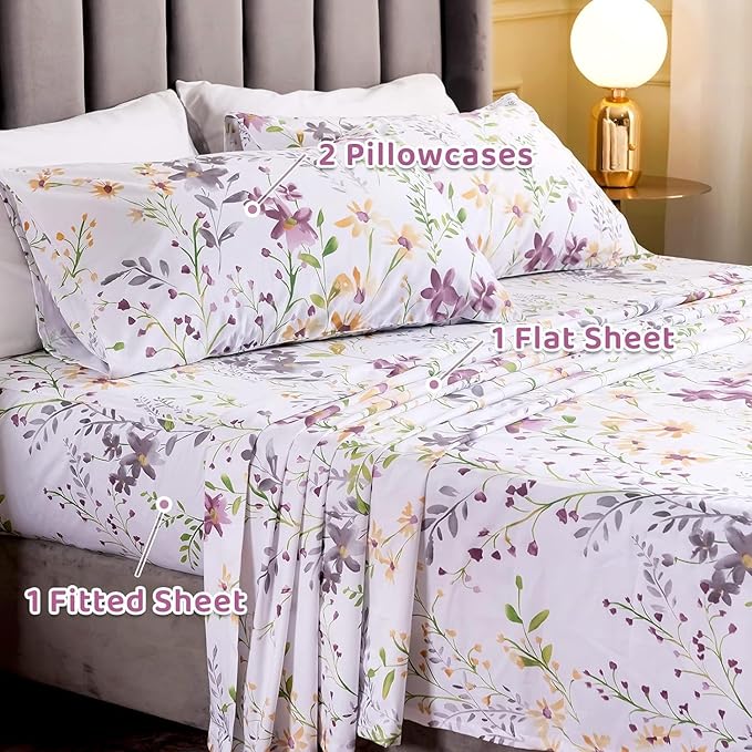 QSH Wild Floral Printed Bed Sheets Egyptian Cotton Yellow Flower Botanical Pattern King Size Sheets Extra Deep Pocket 17.5" - LeafyLoom