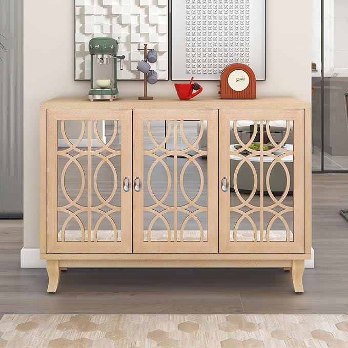 Multifunctional Sideboard with Glass, Vintage 3 Door Mirrored Buffet Cabinet,W/Silver Handle,Easy to Assemble,Console Table for Living Room Hallway Entryway,Natural Wood Wash, 47.2" - LeafyLoom