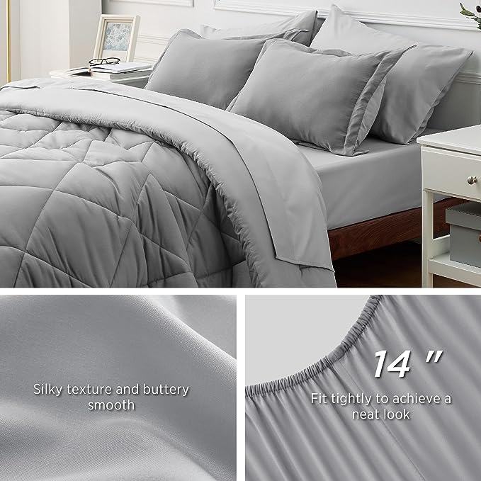 Bedsure Full Size Comforter Sets - 7 Pieces Reversible Full Bed in a Bag, Grey Full Bedding Sets with Comforters, Sheets, Pillowcases & Shams - LeafyLoom