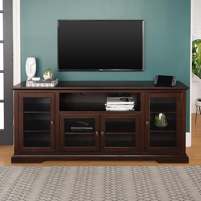 Walker Edison Brahm Classic Glass Door Storage TV Console for TVs up to 80 Inches, 70 Inch, Espresso Brown - LeafyLoom