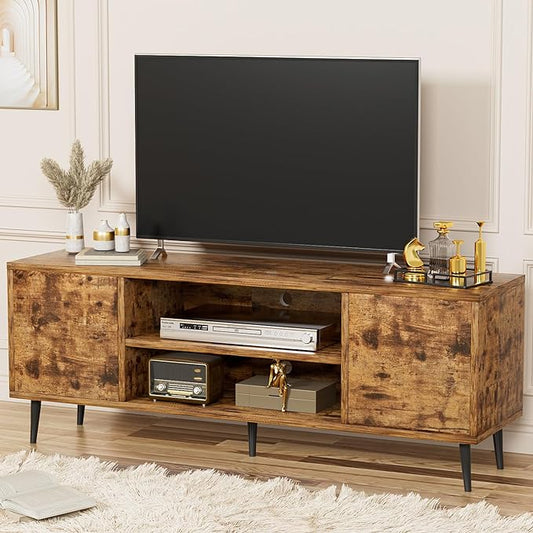 YESHOMY Modern Retro TV Stand for Television up to 65", Entertainment Center with Two Storage Cabinet and Shelf, Media Console for Living Room, Bedroom, Enterway, Office, 58 Inch, Retro Brown - LeafyLoom