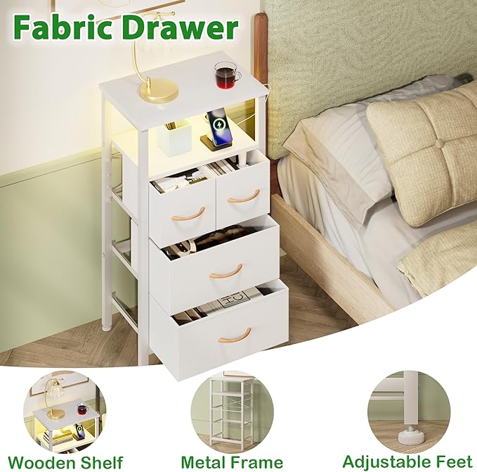 Furnulem 4 Drawer Dresser with Led Light and Charging Station, White Night Stand with Storage Shelf and Fabric & PVC Drawer, 33 Inch Bedside Table, Tall Nightstand for Entryway, Bedroom Furniture - LeafyLoom