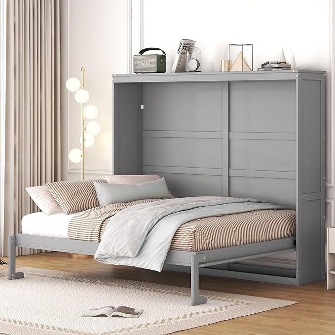 Merax Modern Farmhouse Solid Wood Murphy Cabinet Bed, No Box Spring Needed/Easy Assemble/Queen,Gray - LeafyLoom