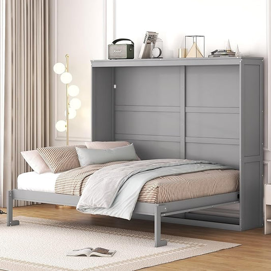 Merax Modern Farmhouse Solid Wood Murphy Cabinet Bed, No Box Spring Needed/Easy Assemble/Queen,Gray - LeafyLoom