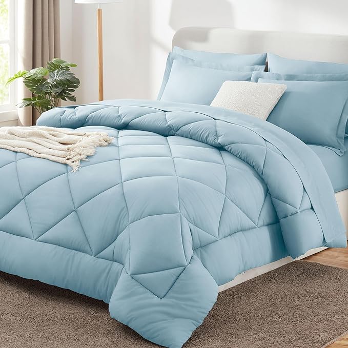 CozyLux Queen Bed in a Bag 7-Pieces Comforter Sets with Comforter and Sheets Light Blue All Season Bedding Sets with Comforter, Pillow Shams, Flat Sheet, Fitted Sheet and Pillowcases - LeafyLoom