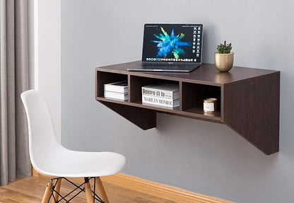 Wall Mounted Office Computer Desk with Three Compartments, Brown - LeafyLoom