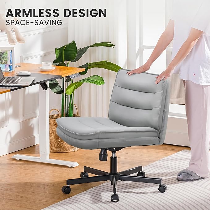 COMHOMA Criss Cross Chair with Wheels, Armless Wide Cross Legged Office Chair Mid Back, Modern Home Office Desk Chair Swivel Adjustable Vanity Computer Chair, Gray - LeafyLoom