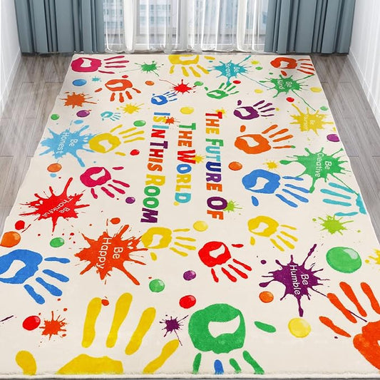 Colorful Kids Rug, Washable Rug for Kids, Handprints Area Rugs for Kids Bedroom, Non-Slip Play Mat Ultra Soft Thick Indoor Plush Rugs for Playroom Classroom Nursery Decor (78.7 X 59 INCH) - LeafyLoom