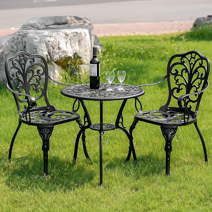 Bistro Table and Chairs Set of 2, Cast Aluminum Patio Furniture, Outdoor Bistro Set 3 Piece with Umbrella Hole for Balcony Porch Yard - LeafyLoom