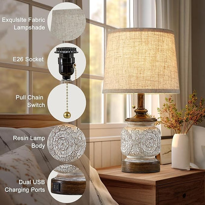 19.5" Farmhouse Bedside Table Lamps Set of 2 Rustic Lamps for Nightstand Bedroom with USB Ports Vintage Traditional White Carved Floral Night Light Lamps for Living Room End Tables Decor - LeafyLoom