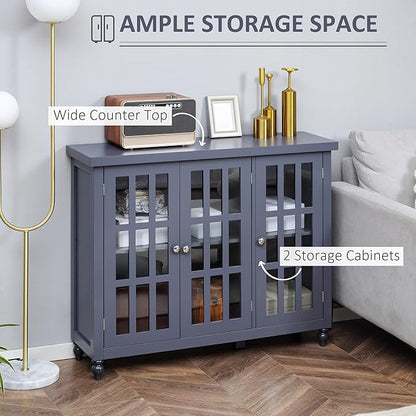 HOMCOM Sideboard, Buffet Cabinet with 3 Tempered Glass Doors, Stripe Pattern and Adjustable Storage Shelf, Credenza, Gray - LeafyLoom