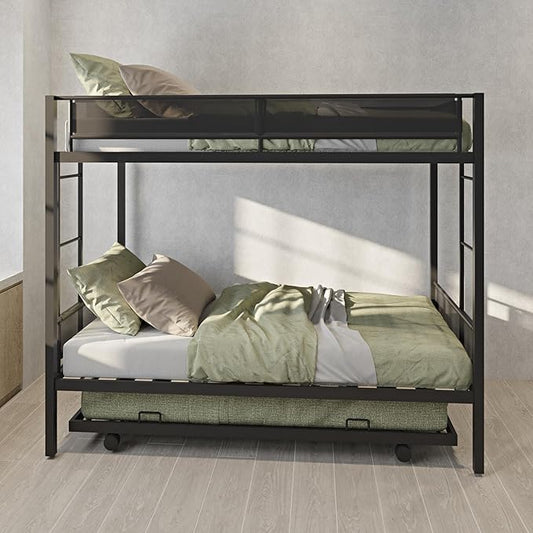 Twin over twin bunk bed with Trundle,Sturdy Metal Frame,Noise-Free Wood Slats,Comfortable Textilene Guardrail, 2 side Ladders,Space-Saving-Trundle,Bunk-Bed for Three,No Box Spring Needed,Black - LeafyLoom