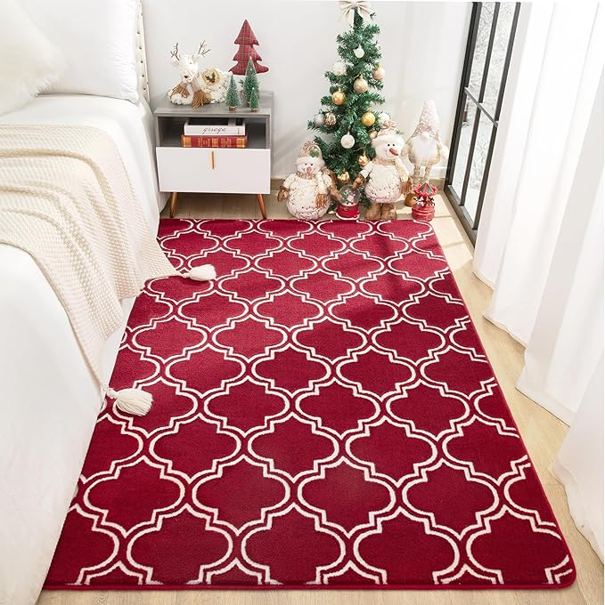 Chicrug Shag Geometric 5x7 Area Rug for Living Room, Large Modern Memory Foam Indoor Carpet, Fluffy Rug for Bedroom Bedside Room Decor for Family Girls Kids Nursery, Wine Red/White - LeafyLoom