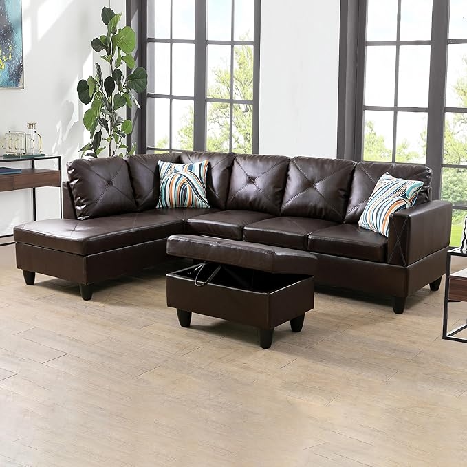 3-Piece L-Shaped Sectional Couches Lounge & Storage, 97'' Modular Living Room Home Office, 3pcs 97'' Sofa+66.5'' Chaise+28.5'' Ottoman(Left), Brown Faux Leather - LeafyLoom