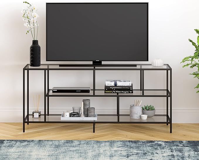 Henn&Hart Rectangular TV Stand with Glass Shelves for TV's up to 60" in Blackened Bronze, TV Stands for the Living Room - LeafyLoom