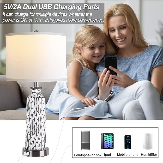 QiMH Table Lamp for Living Room with Touch Control,3-Way Dimmable Bedside Lamps for Bedroom with USB Ports, Modern Farmhouse Coastal Whitewash Gray Resin Nightstand Lamp(2700K LED Bulbs Included) - LeafyLoom