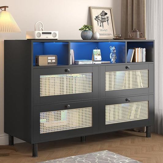 Sideboard Buffet Cabinet, Kitchen Storage Cabinet with Power Outlet & Led Lights, Accent Cabinet with 4 Rattan Doors, Black - LeafyLoom