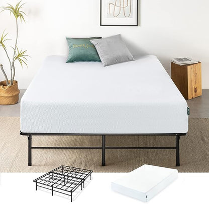 ZINUS 12 Inch Green Tea Cooling Gel Memory Foam Mattress and Super Heavy Duty SmartBase Metal Mattress Foundation Set / Bed and Mattress Set / No Box Spring Needed / Mattress in a Box, Queen - LeafyLoom