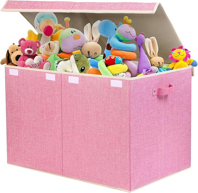 popoly 122L Large Toy Box Chest with Lid, Foldable Toy Storage Organizer Bin Boxes with Removable Divider for Kids, Boys, Girls, Nursery, Playroom, 26"x17" x17"(Linen Pink) - LeafyLoom