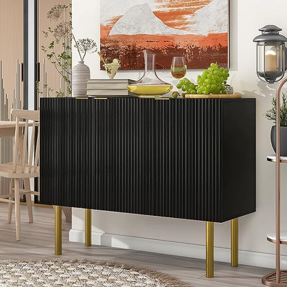 Modern Simple Sideboard with Particle Board & MDF,Luxury Style Buffet Cabinet,W/Gold Metal Legs and Handles,Adjustable Shelves,for Kitchen,Dining Room,Black, 47.2" - LeafyLoom