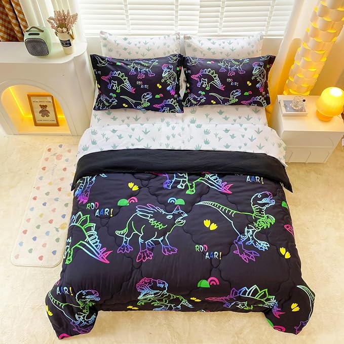 7 Piece Boys Dinosaur Comforter Bedding Set Bed in A Bag Full Size for Kid Girls Teens Dinosaurs Animal 3D Print Gradient Line Bedding Set with Comforter Sheet Set Pillowcase and Sham - LeafyLoom