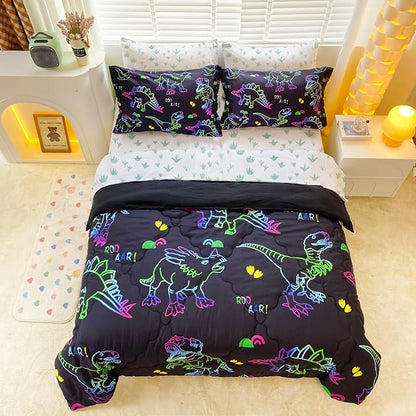 7 Piece Boys Dinosaur Comforter Bedding Set Bed in A Bag Full Size for Kid Girls Teens Dinosaurs Animal 3D Print Gradient Line Bedding Set with Comforter Sheet Set Pillowcase and Sham - LeafyLoom