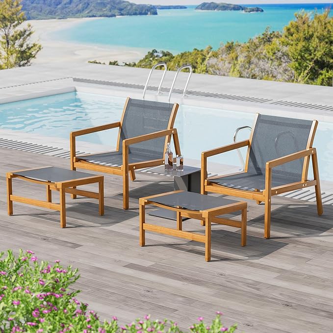 Greesum 4 Piece Furniture Outdoor Acacia Wood Chair with Ottoman for Porch, Balcony, Deck, Patio, Backyard, Gray - LeafyLoom