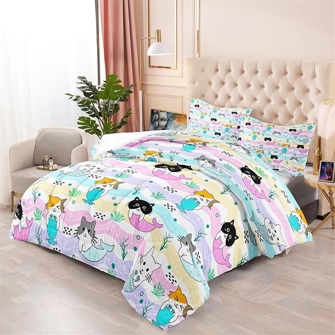 Girls Cat Bedding Set Queen Size - 3Pcs Cute Cartoon Mermaid Tail Cat Patterns Comforter Set for Girls Boys Kids Bedroom Cat Bedding Room Decor for All Season, 1 Comforter 2 Pillow Cases - LeafyLoom