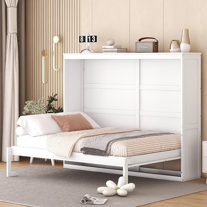 Merax Modern Farmhouse Solid Wood Murphy Bed Chest/Space Saving/Wood Slat Support/Full,White - LeafyLoom