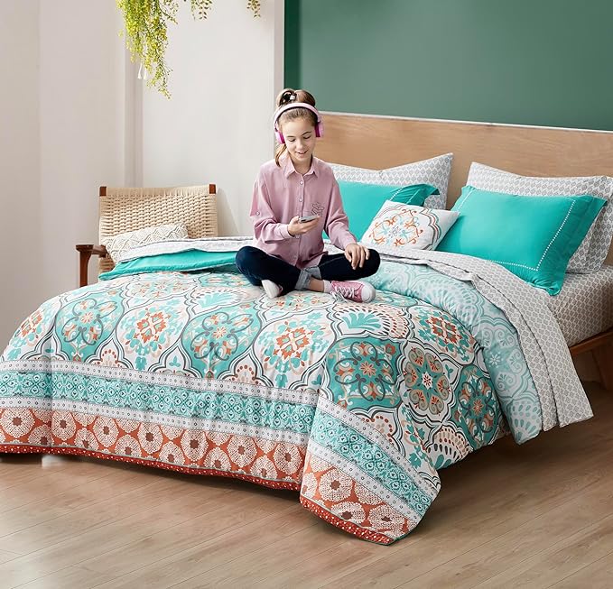 Degrees of Comfort Twin Bed in A Bag 6 Piece, Lattice Boho Bedding Sets for Teen Girls, Aqua Floral Bed Set, Microfiber Colorful Comforter Set with Sheets, Matching Decorative Pillow - LeafyLoom