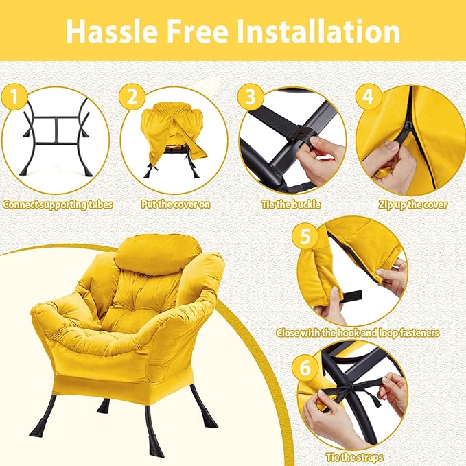 Lazy Chair Thick Padded, Accent Chair Velvet Upholstered with Wide Seat, Stable Metal Frame and Non-Slip Pad, Modern Sofa Armchair with Side Storage Bag for Dorm, Room, Office, Yellow - LeafyLoom