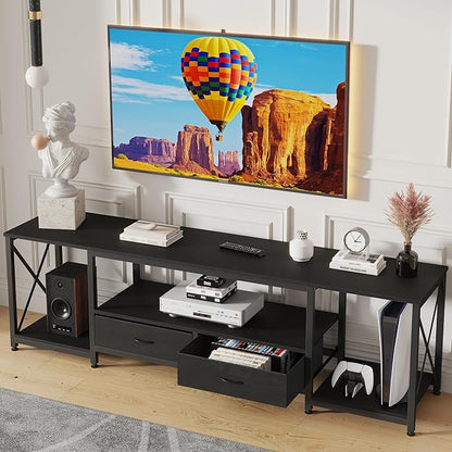 TV Stand with Fabric Drawers for 75 80 Inches TV - Entertainment Center and Industrial TV Console Table with Open Storage Shelves for Living Room, Bedroom- 71.5" Black - LeafyLoom