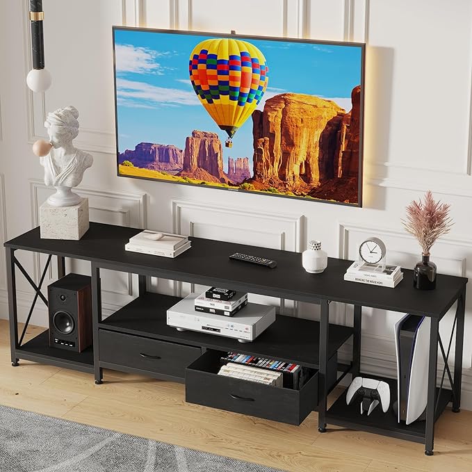 TV Stand with Fabric Drawers for 65 70 75 Inches TV - Entertainment Center and Industrial TV Console Table with Open Storage Shelves for Living Room, Bedroom - 63.5" Black - LeafyLoom