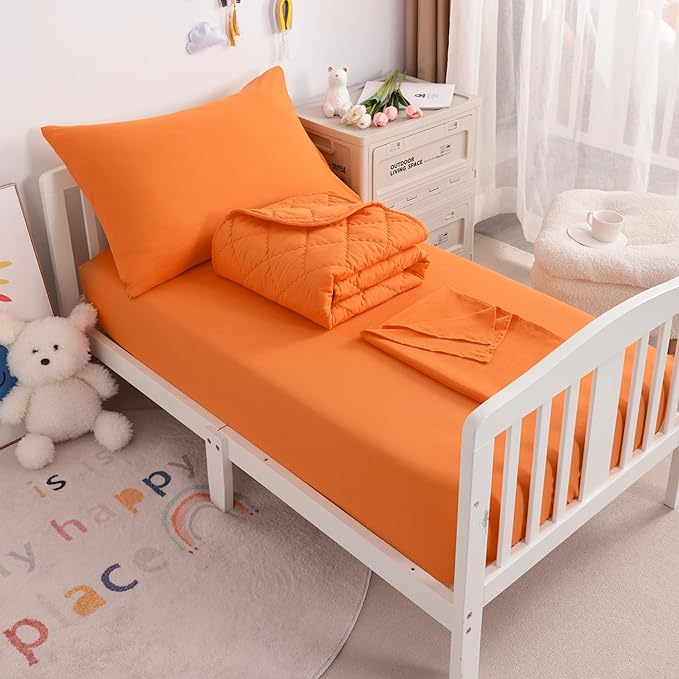 NTBAY Toddler Bedding Set - 4 Piece Soft and Breathable Crib Bedding Set for Boys and Girls, Includes Quilted Comforter, Fitted Sheet, Flat Top Sheet and Envelope Pillowcase, Orange - LeafyLoom