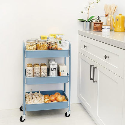 CAXXA 3-Tier Rolling Metal Storage Organizer - Mobile Utility Cart with Caster Wheels, Blue - LeafyLoom