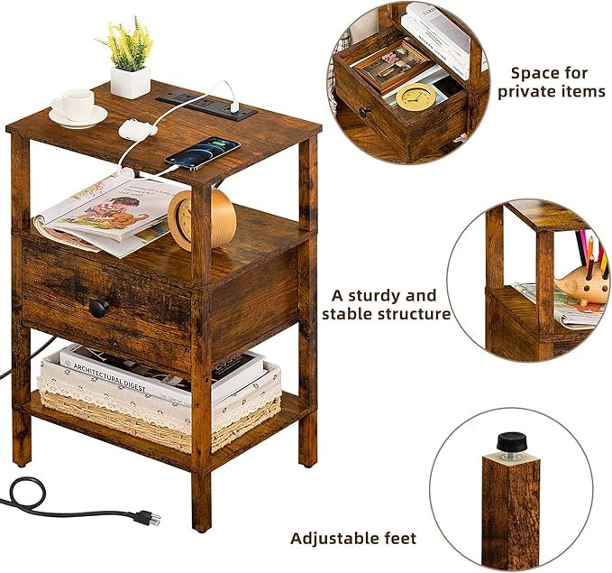 Lerliuo Nightstand Set of 2 with Charging Station and USB Ports, 3-Tier Storage End Table with Drawer Shelf, Night Stand for Small Spaces, Wood Bedside Table for Living Room, Bedroom-Brown - LeafyLoom