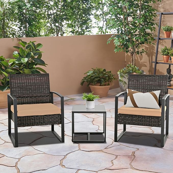 3 Pieces Patio Furniture Set, Outdoor Patio Set, Patio Bistro Set, All-Weather Wicker Conversation Set with Cushions Table for Porch Backyard (Brown-Brown) - LeafyLoom