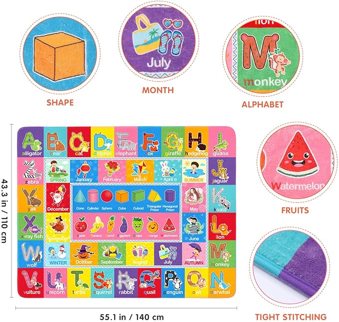 IMIKEYA Play Rugs Playroom Mat with Colorful Pattern, Playtime Collection ABC Alphabet, Seasons, Months, Fruit and Shapes Playmat Educational Rug for Kids Playroom Bedroom, 55 x 43.3 Inch - LeafyLoom