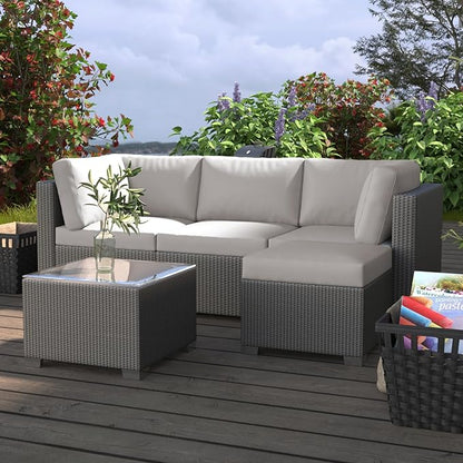 GAOMON 5-Piece Outdoor Patio Rattan Wicker Sofa Set, Pe Rattan Conversation Sectional with Thickened Back Cushion, Glass Tabletop, Ottoman - Ideal for Courtyard Space, Light-grey - LeafyLoom