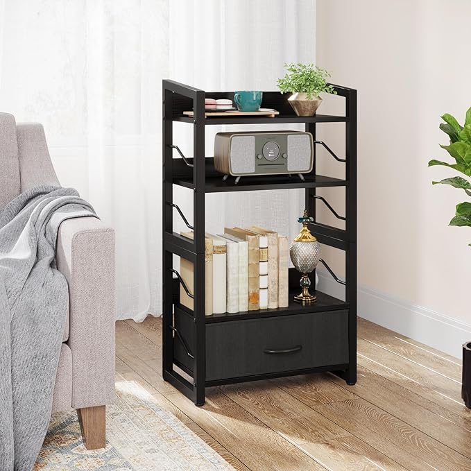 Small Bookshelf with Drawer: 4-Tier Wood Book Shelf Industrial Narrow Bookcase Storage Organizer Metal Stackable Shelves for Desktop Bedroom Living Room Home Office (Black) - LeafyLoom