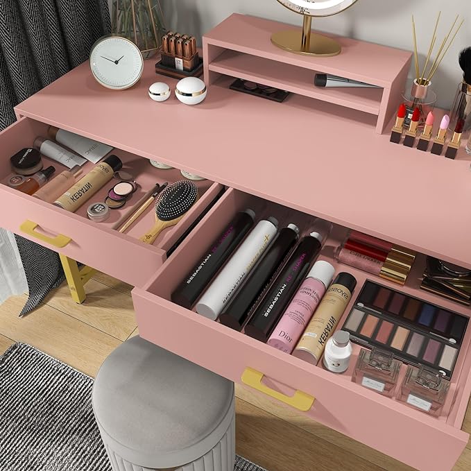 WESTREE Women Makeup Vanity Desk with 2 Drawers - Bedroom Home Office Desk, Wooden Height Monitor Stand & Storage Shelf without Mirror, Pink Table Great Gift for Her - LeafyLoom