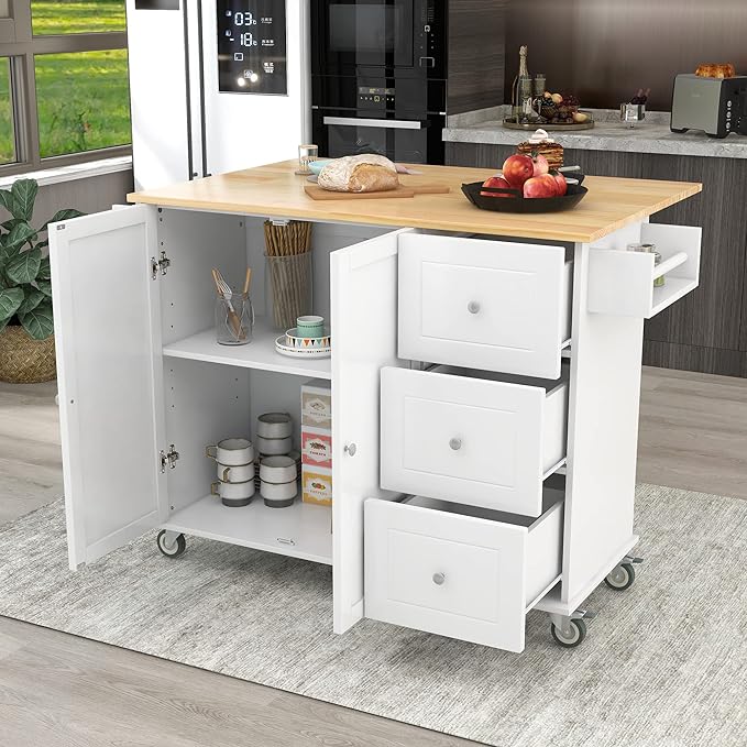 52.7 Cart with Wood Top and Drop Leaf Breakfast Bar, Rolling Mobile Island Towel Rack,Large Storage Cabinet Kitchen Table for Dinning Room, White, 52.76 Inch - LeafyLoom